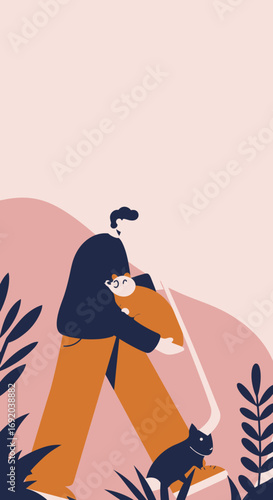 Man enjoying a leisurely outdoor walk with his beloved pets, a small mammal and a cat, embodying companionship and serene moments in nature. Ideal for lifestyle or pet care themes.