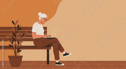 Elderly woman with glasses sitting on a bench, focused on using her laptop. Represents seniors embracing technology, remote work, and modern lifestyle.