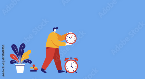 Man effectively managing time, scheduling tasks, and staying organized with clocks and a plant. Concept for productivity, deadlines, business, and daily planning.