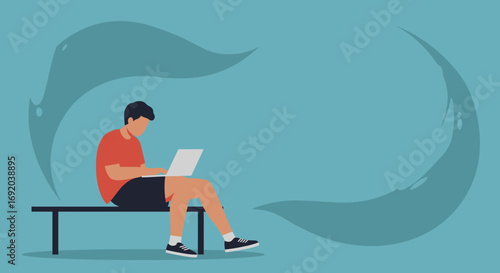 Young man works remotely on his laptop, sitting on a bench with a calm, abstract background. Ideal for modern work, study, and digital lifestyle concepts.