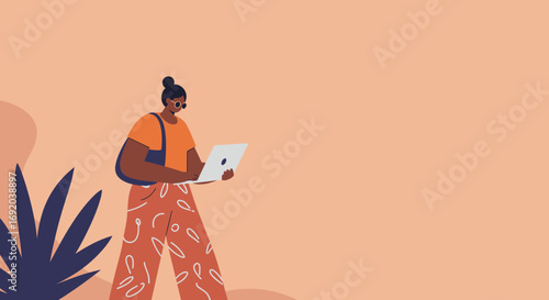 Modern woman working remotely on laptop outdoors, embodying freelance lifestyle and digital connectivity. Ideal for business, tech, or personal branding.