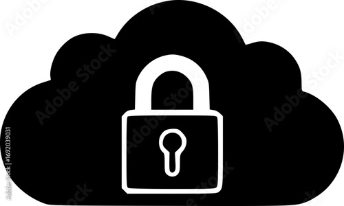Cloud security illustration in black and white showing technology data protection abstract modern minimalist design for web digital and cyber usage