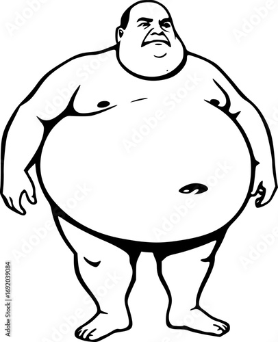 Monochrome black and white fat man illustration minimalist line art sketch design for print digital commercial advertising editorial use