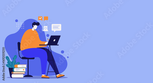 Young man working remotely on laptop, engaged in online tasks and communication. Ideal for concepts of productivity, freelance, e-learning, and remote work lifestyle.