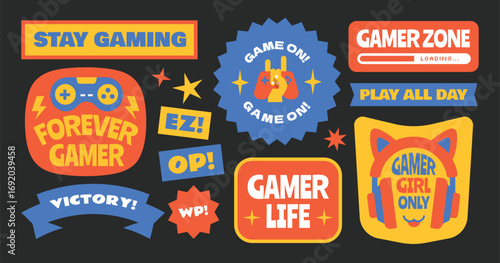 Gamer stickers, badges, patachs design collection. Video game elements with various console in retro style 90's y2k design.