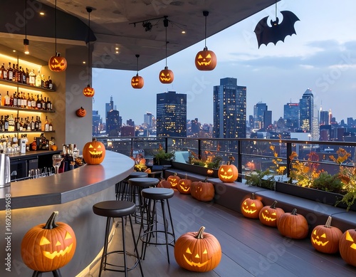 Rooftop bar with pumpkins at dusk