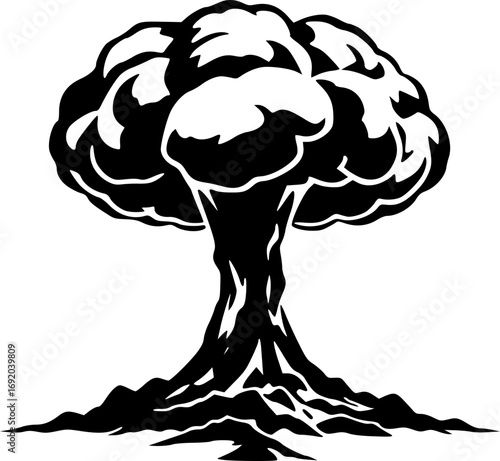 Nuclear Mushroom Cloud Explosion Monochrome Black and White Illustration Warfare Disaster Apocalypse Atomic Blast Destruction Power Energy Warfare Symbol Icon Graphic Design Vector Art Minimalistic Si