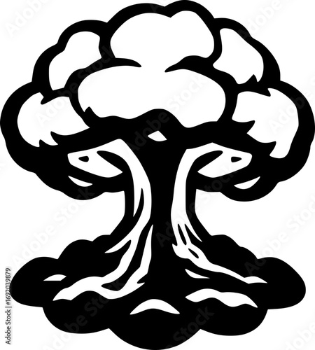 Nuclear mushroom cloud black and white monochrome vector illustration of a detailed atomic explosion with smoke and fire in minimalist style for disaster war apocalypse themes