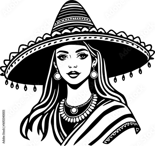 Monochrome illustration of a stylish woman wearing a sombrero in black and white art style for cultural and traditional themes