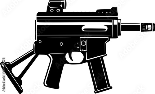 Submachine Gun 262 Monochrome Black and White Illustration Detailed Vector Artwork Design Military Firearm Weapon Graphic Tactical Combat Retro Vintage Minimalist Modern Digital Print Web Commercial E