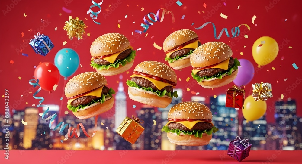 Fototapeta premium Hamburgers with cheese and lettuce floating with balloons and gift boxes against a cityscape