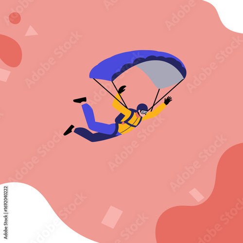 Dynamic illustration of a person skydiving with an open parachute, symbolizing adventure, freedom, and extreme sports. Ideal for lifestyle, travel, and challenge concepts.