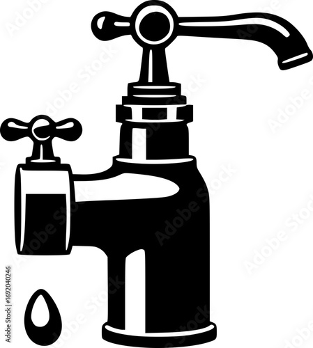Detailed monochrome illustration of a water faucet in black and white style for hygiene and water conservation themes