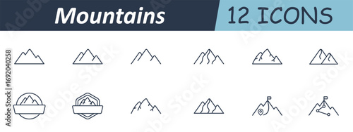 Mountains set icon. Outline icons showing various mountain peaks, snowy tops, flag, trail, label badge, summit marker, range, and contour lines in outdoor theme