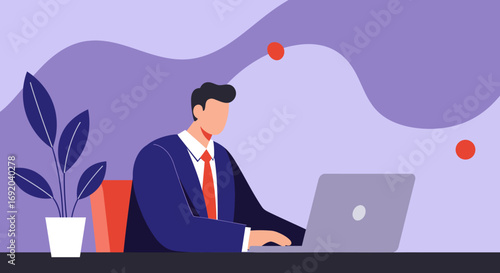 Professional businessman working diligently on a laptop at his desk, representing productivity, modern work, and corporate success.