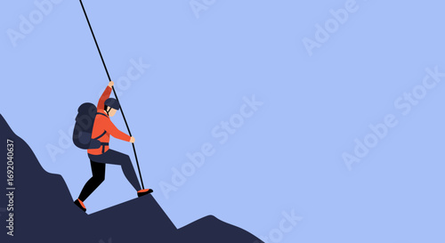 Determined person with backpack and helmet ascending a steep mountain using a rope. Represents challenge, adventure, success, and outdoor sports. Ideal for business and lifestyle.