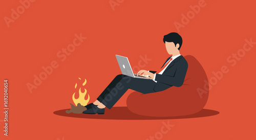 A businessman comfortably works on his laptop by a small campfire, symbolizing remote work flexibility, work-life balance, and comfortable productivity. Ideal for lifestyle and business concepts.