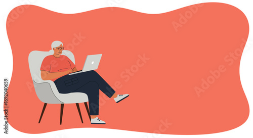 Elderly woman comfortably uses a laptop in a modern setting. Represents senior digital literacy, remote work, online learning, and active retirement lifestyle.