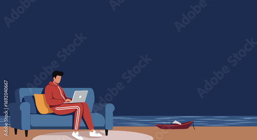Relaxed man works on laptop from a cozy couch, enjoying a serene ocean view with a small boat. Ideal for remote work and lifestyle concepts.
