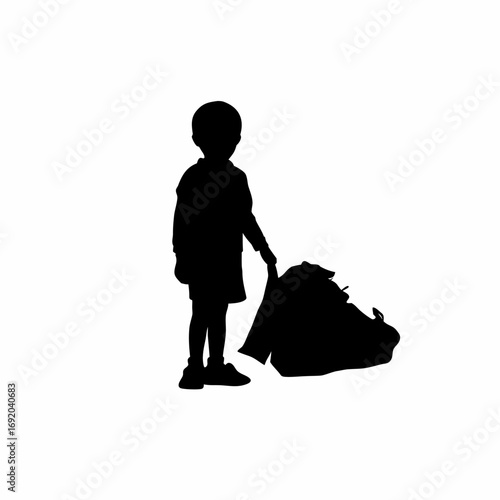 Silhouette of a child collecting bottles into a sack isolated on white background