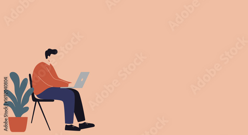 Person working remotely on laptop with a plant, embodying freelance work, online education, or modern digital lifestyle.