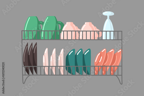 Kitchen crockery dryer isolated in closeup. Kitchen interior design for home or cafe. Stand of kitchenware, storage of saucers. Flat vector illustration