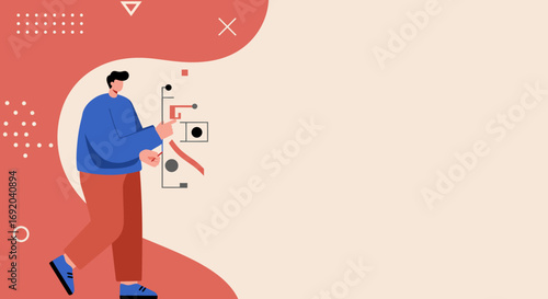Man analyzing a complex process with abstract elements. Illustrates problem-solving, strategic planning, and technological development for business and educational content.
