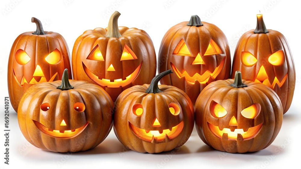 Fototapeta premium Group of Carved Halloween Pumpkins on White jackolantern.