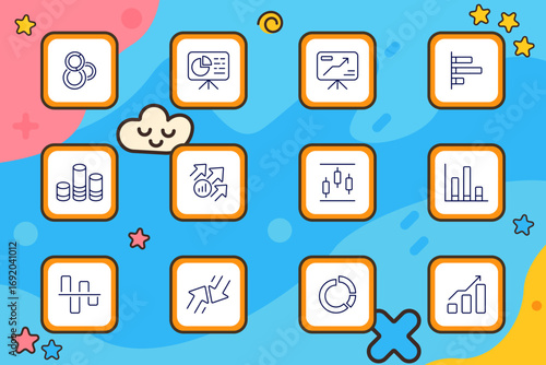 Analytics set icon. Outlined bar charts, pie graphs, arrows, diagrams, and performance boards drawn in soft rounded tiles with presentation visuals