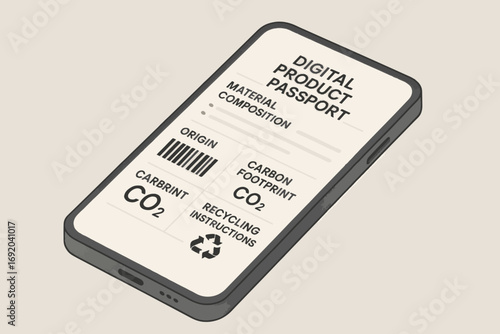 Vector illustration of digital product passport displayed on smartphone screen with carbon footprint, origin and recycling instructions data.