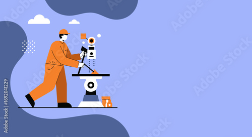 Worker in uniform operating an industrial robot, illustrating automation, manufacturing, or technological advancement in a modern workplace.