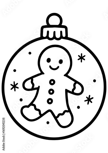 Black and white vector illustration of a Christmas ornament with a gingerbread man inside, perfect for engraving, prints, and festive projects