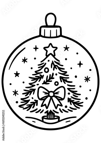 Black and white vector illustration of a Christmas ornament with a tree, bow, star, and snow inside, ideal for engraving, prints, and creative projects