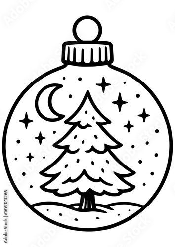 Black and white vector illustration of a Christmas ornament with a tree, snow, and moon inside, perfect for engraving, prints, and creative projects