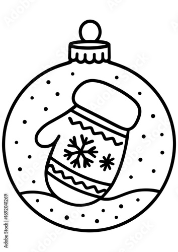 Black and white vector illustration of a Christmas ornament featuring a mitten and snow, ideal for engraving, prints, and creative projects