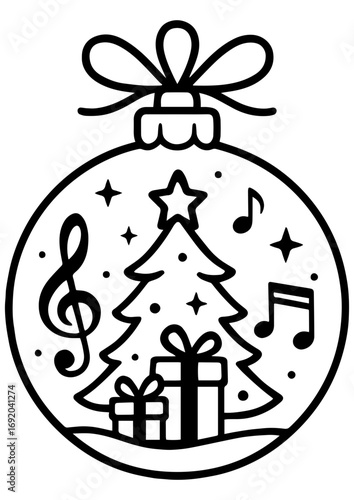 Black and white vector illustration of a Christmas ornament with tree, gifts, and musical notes inside, perfect for engraving, prints, and creative projects