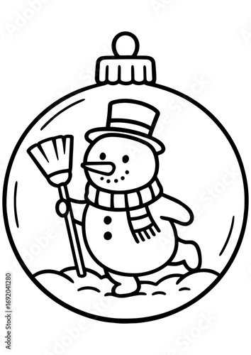 Black and white vector illustration of a Christmas ornament with a snowman inside, perfect for engraving, prints, laser projects, and creative designs