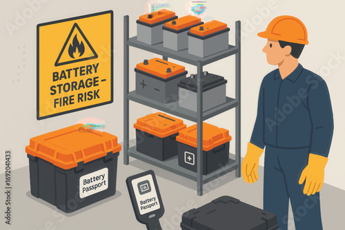 Vector illustration showing battery storage safety with RFID scanning and fire risk signage in industrial environment with clean layout.