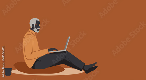 Senior Black man comfortably uses laptop on a cushion. Illustrates remote work, online learning, or leisurely browsing, highlighting digital connection for elders.