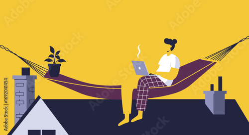 A person works remotely on a laptop while relaxing in a hammock on a rooftop, illustrating modern work-life balance and flexibility for business and lifestyle concepts.