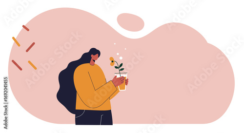 Woman nurturing a potted plant, symbolizing care, personal growth, and well-being. Ideal for lifestyle, self-care, or nature-related concepts.