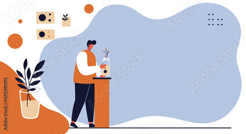 Man caring for plants in a modern, abstract home environment, symbolizing growth, sustainability, and a mindful lifestyle. Ideal for eco-friendly or design concepts.