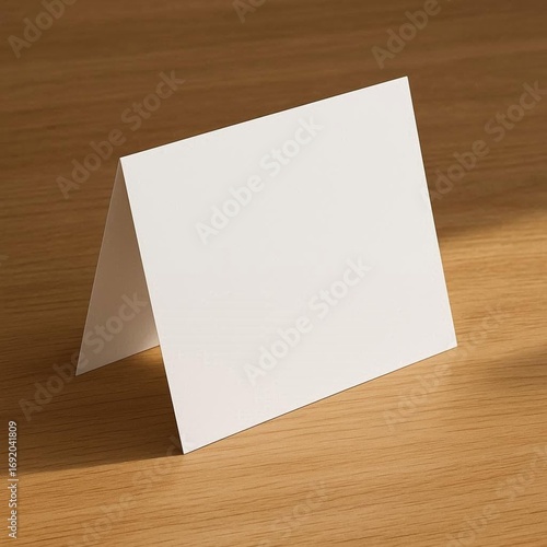 Realistic mockup of a blank folded greeting card placed on a wooden table with soft shadows.
