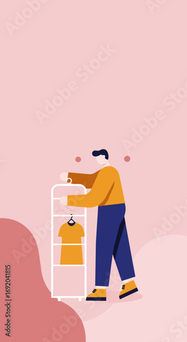 Man browsing or organizing clothes on a mobile rack, ideal for fashion, retail, shopping, or lifestyle concepts. Modern flat illustration.
