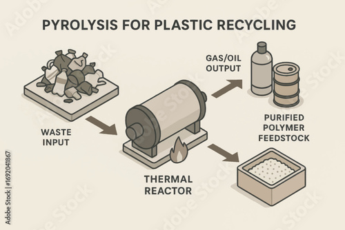 Vector illustration of plastic waste pyrolysis showing thermal reactor process for converting plastic into oil and polymer feedstock.