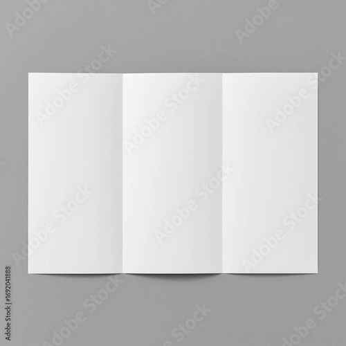 Realistic mockup of a blank trifold brochure unfolded on a grey background.
