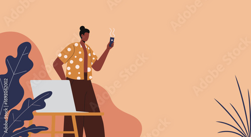 Stylish person working remotely with a laptop and enjoying a hot drink in a modern, plant-filled environment. Represents freelance work, casual business, or digital nomad lifestyle.
