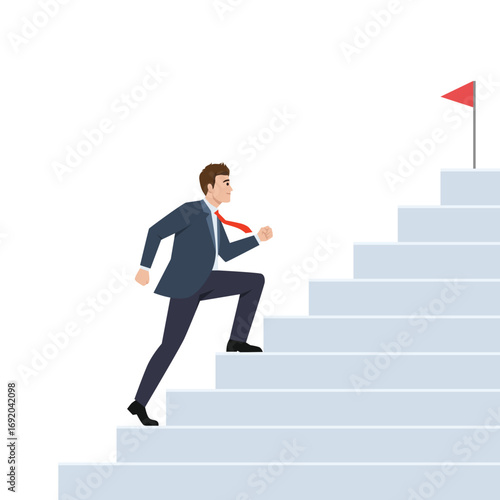 Determined businessman climbing stairs towards a red flag, achievement and career success. Flat vector illustration isolated on white background