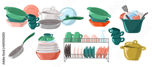 Set of vector kitchen utensils or crockery - plates, bowls, pot, cups, mugs and frying pan. Collection of cartoon flat tableware items isolated on white background.