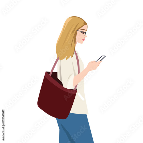 Woman with glasses walking while looking at her smartphone, carrying a large shoulder bag. Flat vector illustration isolated on white background
